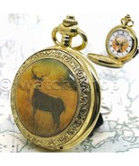 Gold Color Pocket Watch 14K Plating for Men Hunting Deer Design with Cha... - $25.99
