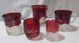 Circa 1896-1910 5 pc Ruby Flash EAPG Souvenier Glass mugs toothpick Heisey more - £35.97 GBP