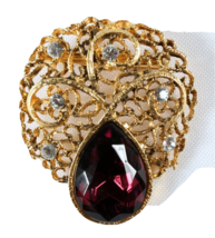 Rhinestone Brooch Statement Pin with Garnet Color Stone Foil Prong Set L... - £13.23 GBP