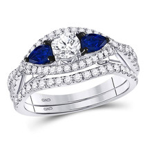14kt White Gold Round Diamond Blue Sapphire Bridal Wedding Ring Set 1-3/8 Cttw - £1,425.64 GBP