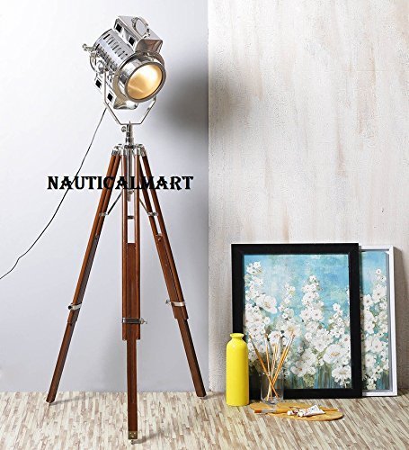 Vintage Industrial Sheesham Wood And Chrome Finish Tripod Floor Lamp By Nautical