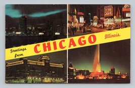 Night VIews Banner Greetings From Chicago Illinois IL UNP Chrome Postcard L16 - £3.97 GBP