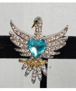 Stainless Steel 316L Falcon Bird Crystal Aquamarine Heart Brooch - $31.61