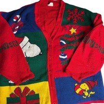 Vintage Snoopy and Friends Christmas cardigan red green tree USA women&#39;s... - $72.39