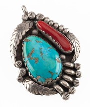 Juan Pedro Garcia Turquoise &amp; Red Coral Sterling Silver Pendant 21.8gr - $5,626.22 MXN