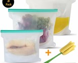 Set of 3 Reusable Silicone Bags Food Storage, 2 Large &amp; 1 Medium + Brush... - £15.49 GBP