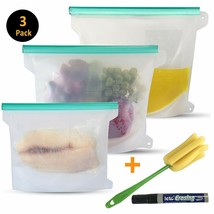 Set of 3 Reusable Silicone Bags Food Storage, 2 Large &amp; 1 Medium + Brush Brush - £15.81 GBP