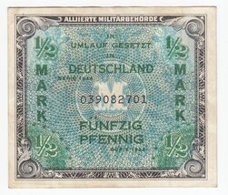 Germania, 1/2 Mark 1944, Valuta Militare Alleata, Seriale 9 Cifre WWII, ... - $21.78
