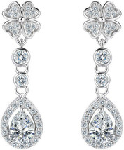 Womens Cubic Zirconia Clover Flower Teardrop Bridal Dangle Earrings Clear - £34.63 GBP