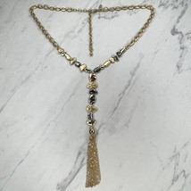 Chico&#39;s Hammered Metal Silver and Gold Tone Y Drop Tassel Necklace - £15.79 GBP