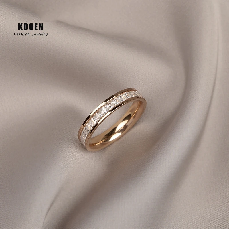 New Simple Rose Gold Titanium Steel Rings For Woman Fashion Single Row Zircon Fi - £13.81 GBP