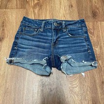 American Eagle Women Shortie Blue Jean Shorts Medium Wash Raw Hem Cuff Size 0 XS - £19.03 GBP