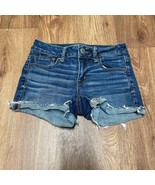 American Eagle Women Shortie Blue Jean Shorts Medium Wash Raw Hem Cuff S... - £19.03 GBP