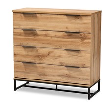 Modern Industrial Oak Finished 4-Drawer Wood &amp; Black Metal Dresser Contemporary - £275.74 GBP