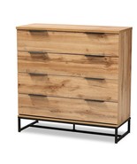 Modern Industrial Oak Finished 4-Drawer Wood &amp; Black Metal Dresser Conte... - $289.95