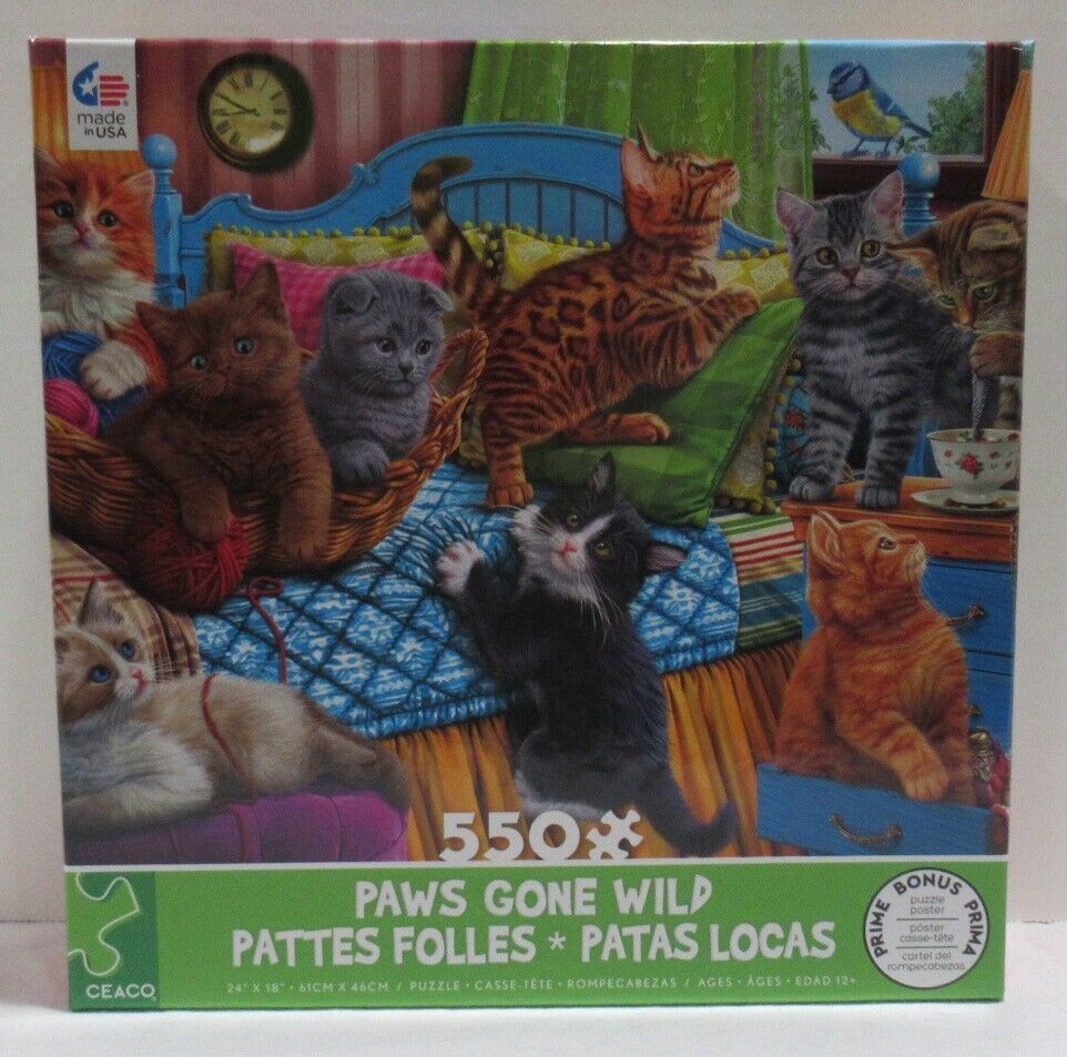 Ceaco 550 Piece Jigsaw Puzzle Paws Gone Wild Playful Cats KITTENS IN BED... - $38.95