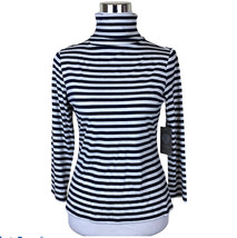Vince Camuto Striped Mock-Neck Top Small White Blue Nautical Stretch Long Sleeve - £18.68 GBP