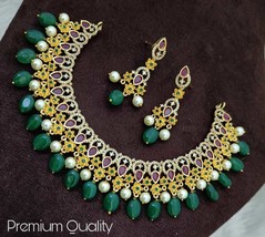Gold Plated Indian Bollywood Style CZ AD Jewelry Choker Necklace Earrings Set - £44.66 GBP