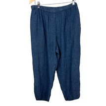 Flax Pants Womens Large Blue Linen Capri Elastic Waist Pull On High Rise Cropped - £47.53 GBP