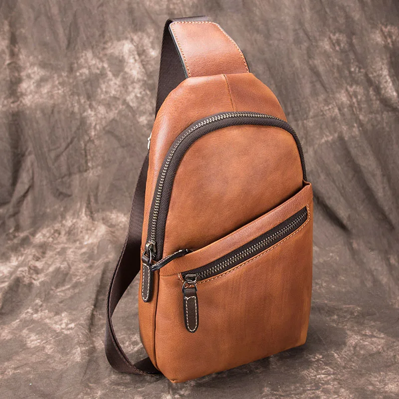 Original Handmade Leather Chest Bag Retro Top Layer Cowhide Leather Men&#39;s Inclin - $190.24