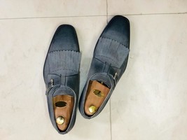 Handmade Men&#39;s Gray Suede Monk Strap Shoes, Men Fringed Dress Formal Shoes - £115.89 GBP+