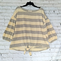 Entro Sweater Womens Large Cream Gray Striped Tie Front Knit Pullover 3/4 Sleeve - £17.21 GBP