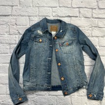 Levis Girls Youth Denim Jean Jacket Medium Wash Distressed Patches Size XL  - $34.60