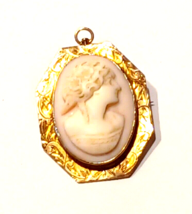 Gorgeous Antique Pin Coral Cameo &amp; 10k Yellow Gold Scroll Pendant Pin - £296.84 GBP