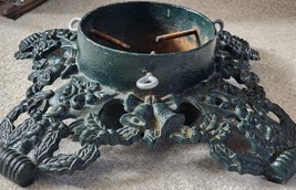 Vintage Holly Bells Green Christmas Tree Stand Powder Coated Cast Iron Ornate - £46.75 GBP