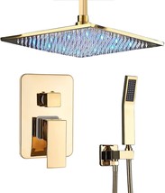 Polished Gold Shower System 12 Inch Led Square Rainfall Shower Head Ceiling - £173.61 GBP