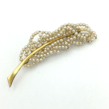 BEADED antique feather brooch - vintage gold-tone w/ micro faux pearls &amp; C clasp - £34.50 GBP