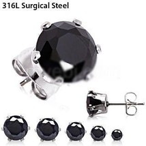 Pair of 316L Surgical Steel Black Round CZ Stud Earrings - £7.03 GBP+