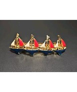 Vintage Enamel Sailing Ships Blue Red and Goldtone Hair Clip Barrette - $29.69