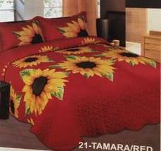 KELLY SUNFLOWER RED YELLOW PLUSH BEDSPREAD QUILTED SET 3 PCS KING SIZE - $59.39