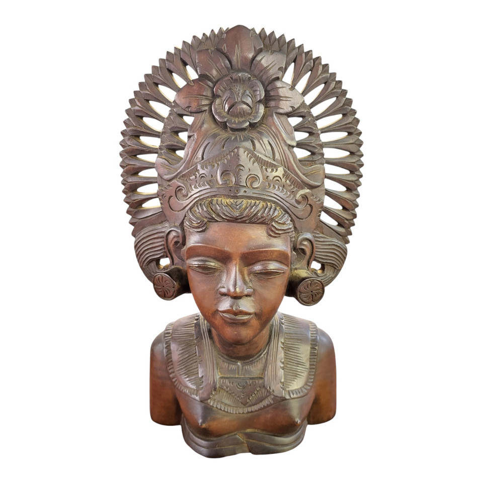Bali Goddess Sculpture Carved Wood Bust - $53.99