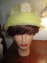 Vintage Yellow Floral &amp; Netting Ladies Dome Or Bucket Hat - 21&quot; Around - £11.97 GBP