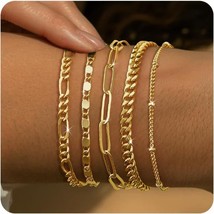 Reoxvo Dainty Gold Chain Bracelets Set for Women 14K Real Gold Plated Link Chain - £26.46 GBP