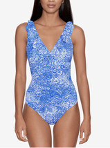 RALPH LAUREN One Piece Swimsuit Ruffled Blue with White Print Size 16 $1... - $53.10