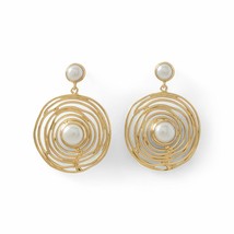 Cultured Freshwater Pearl in Brass Circle Coil Drop Earrings 14K Yellow Gold Fn - £88.26 GBP