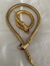 DL Auld Gold Metal Mesh Snake Necklace And Bracelet 2pc Set Red Stone Eyes - £201.49 GBP