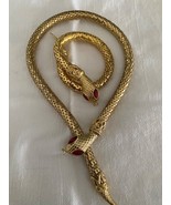 DL Auld Gold Metal Mesh Snake Necklace And Bracelet 2pc Set Red Stone Eyes - £200.66 GBP