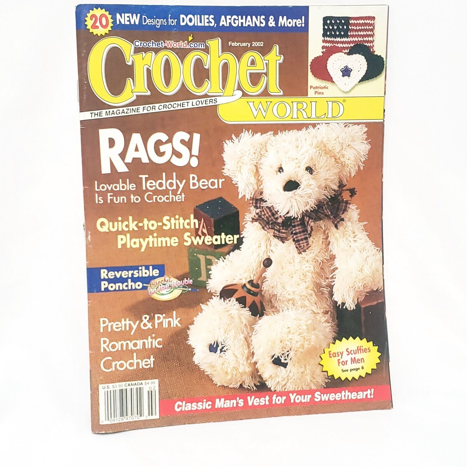 Crochet World Magazine February 2002 Teddy Bear Romantic Vest Doilies Afghans - $15.83