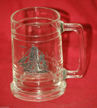Old Vintage Glass Beer Stein Tankard Mug Full Rigged Sailing Ship Bar Decor - $12.86