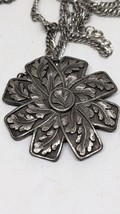 Vintage Florenza Pewter Floral  Pendant with Chain Chunky Medallion Necklace 60 - £47.48 GBP