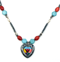 Vintage Mosaic Heart Turquoise Coral Hematite Necklace 24 in - $53.46