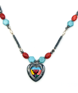 Vintage Mosaic Heart Turquoise Coral Hematite Necklace 24 in - $53.46