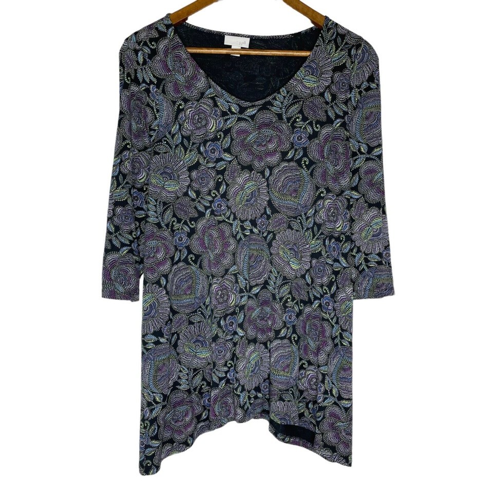 J Jill Multicolor Floral 3/4 Sleeve Round Neck Oversized Shirt Size XS W... - $16.00