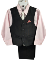Retro Boys 4 Piece Set Black Pink Vest Pants Dress Shirt Tie Hanky Size 7 - £26.37 GBP