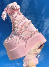 Design Cake High Platform Pearl Wedges Pink Boots Women Dress Sweetheart Lace up - £226.54 GBP