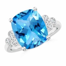 ANGARA Cushion Swiss Blue Topaz Ring with Trio Bezel Diamonds in 14K Gold - £1,082.58 GBP